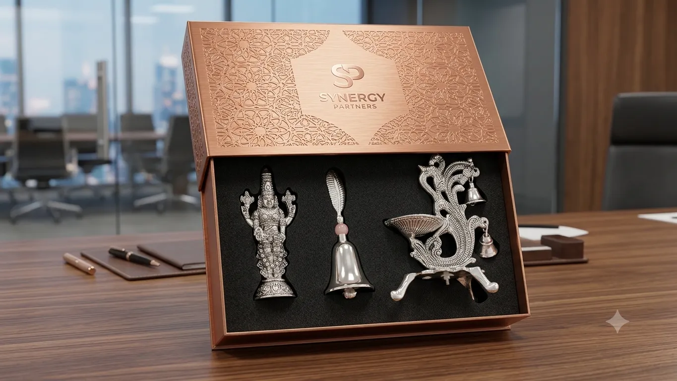 A German silver Venkateswara idol, ritual bell, and peacock diya set presented in a premium display box.