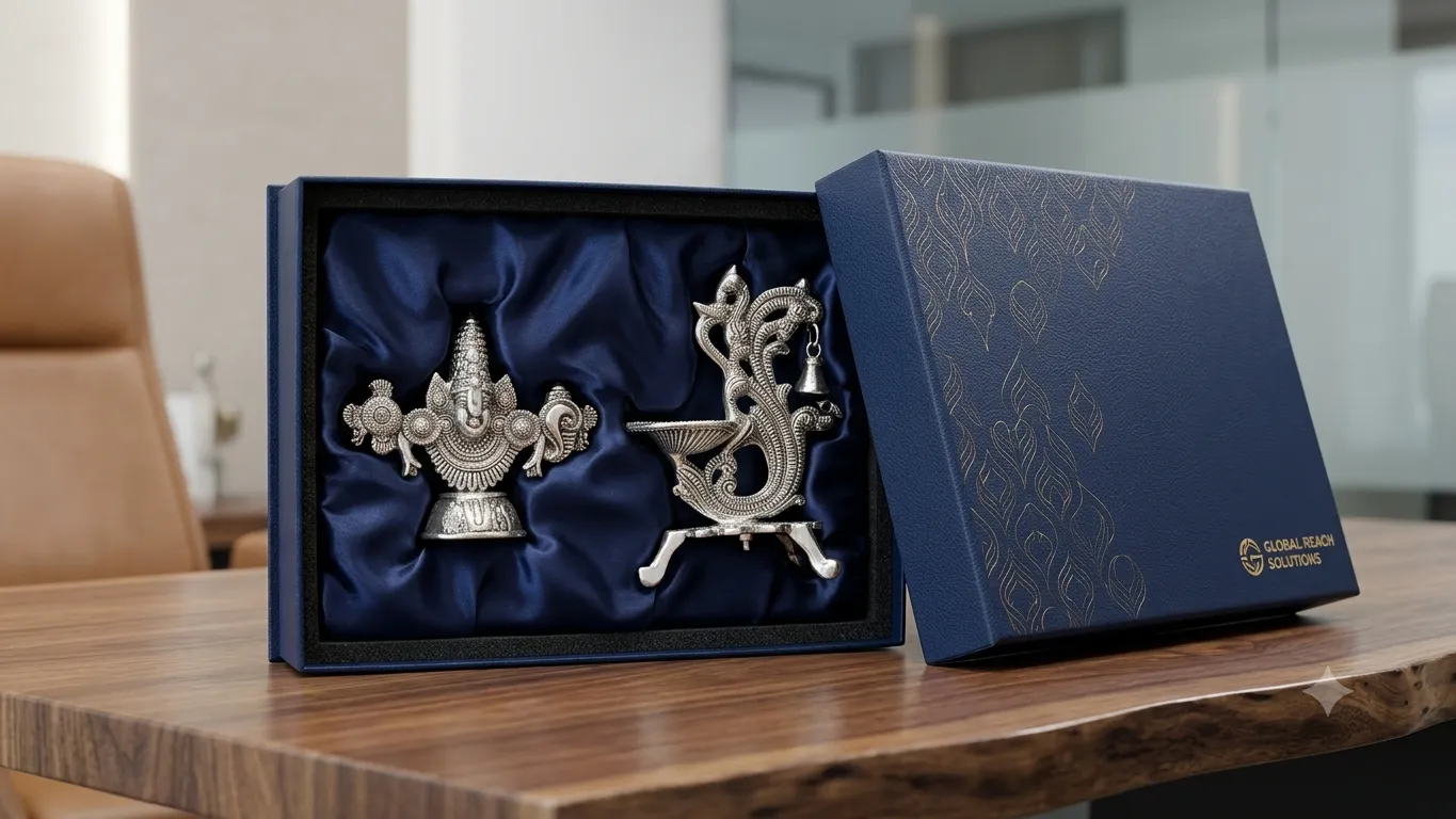 A traditional, intricate German silver pooja gift set, ideal for Diwali festive collections and Dhanteras rituals.