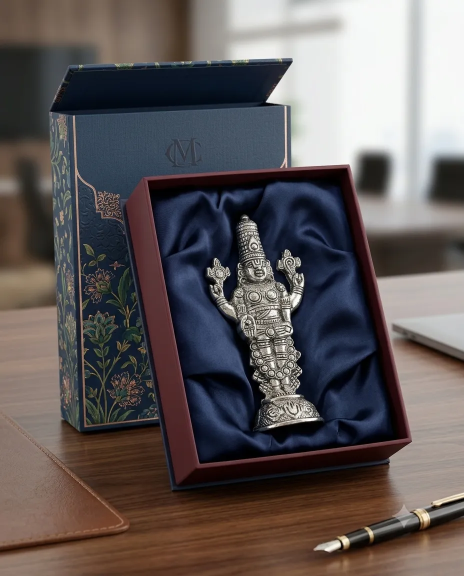 A premium German silver Lord Venkateswara idol, finely crafted and set within a luxurious display box.