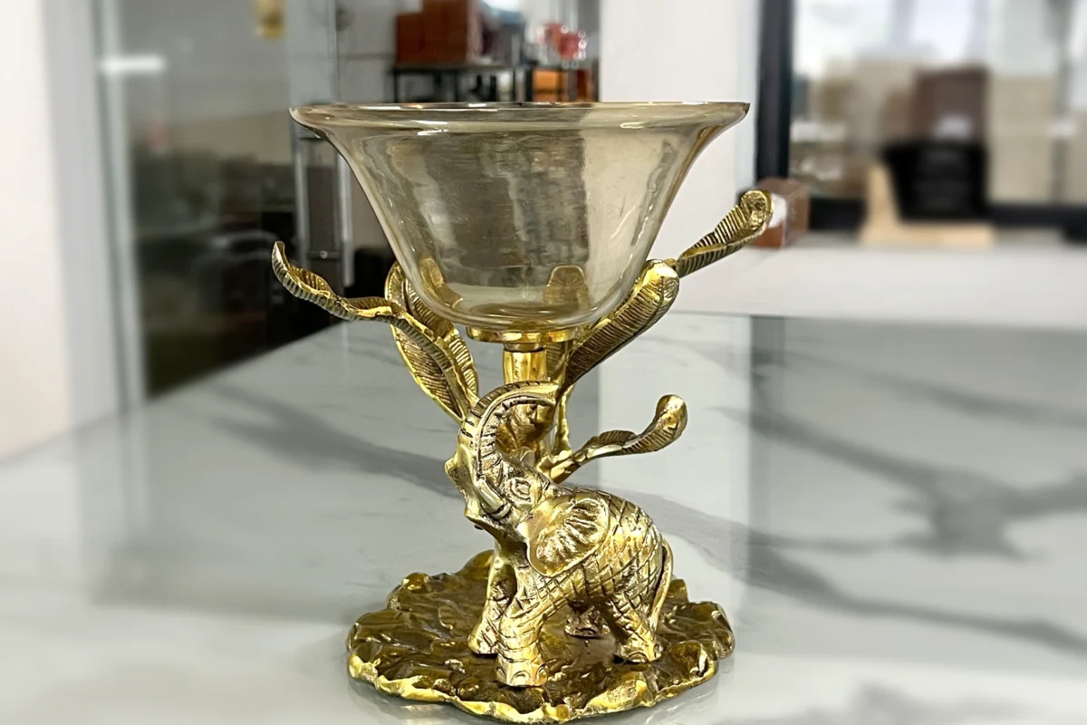 Brass elephant design decorative bowl centerpiece featuring intricate metal craftsmanship from our Moradabad factory.