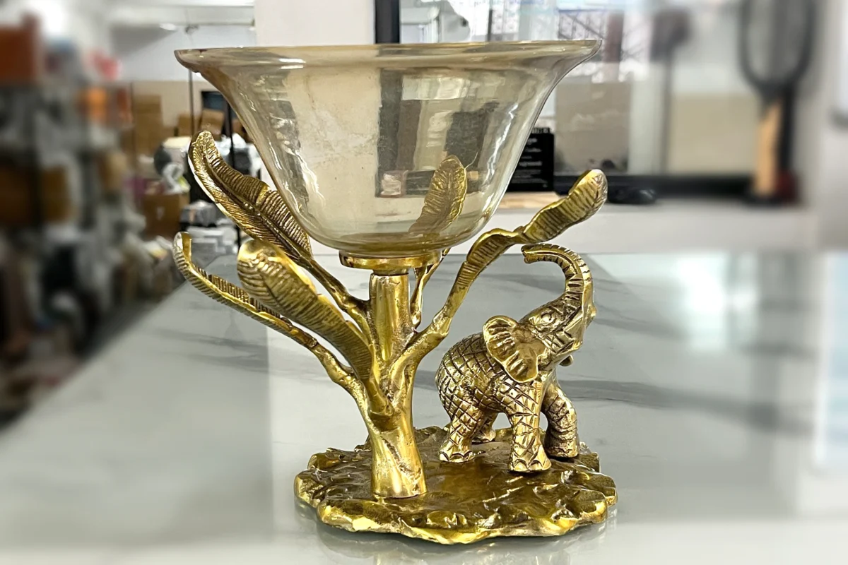 Brass elephant design decorative bowl centerpiece featuring intricate metal craftsmanship from our Moradabad factory.