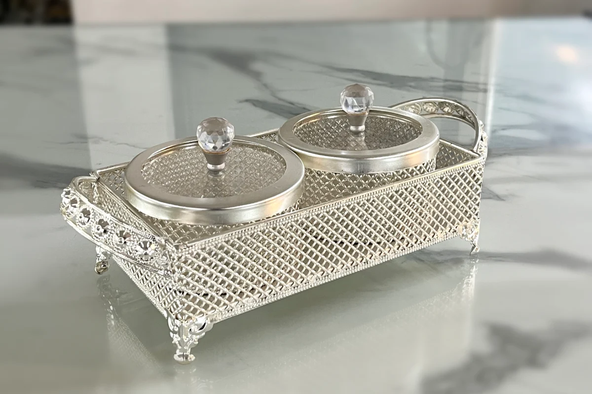 Elegant German silver mesh box set styled for festive Diwali collections and auspicious Dhanteras gifting