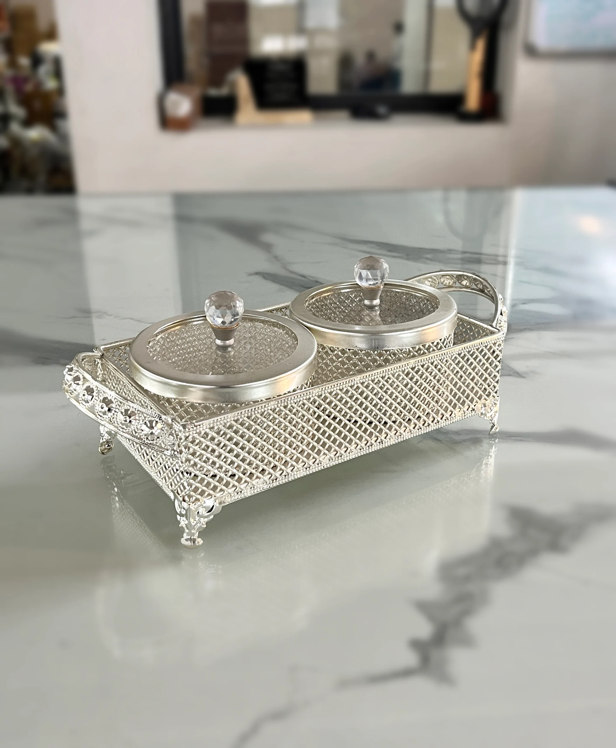 Elegant German silver mesh box set styled for festive Diwali collections and auspicious Dhanteras gifting