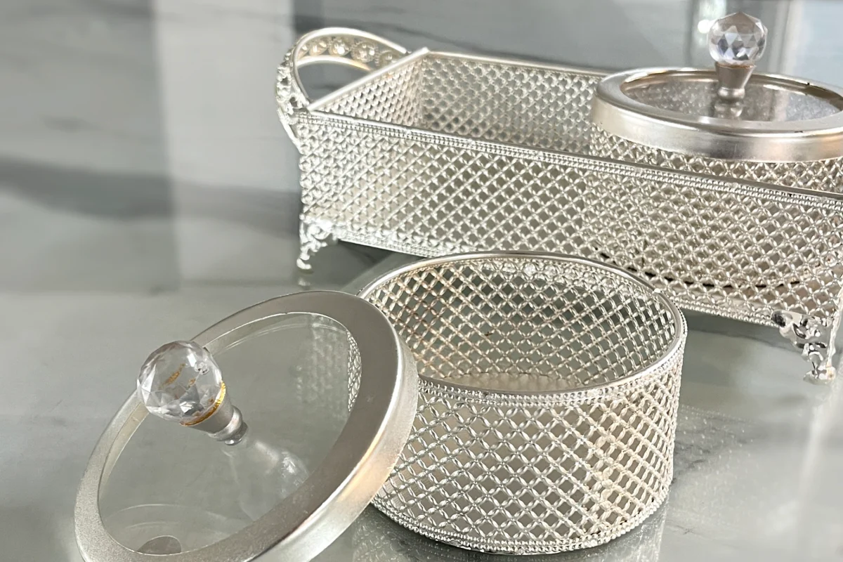 German silver mesh container set with crystal-knob lids, handcrafted from metal in our Moradabad facility