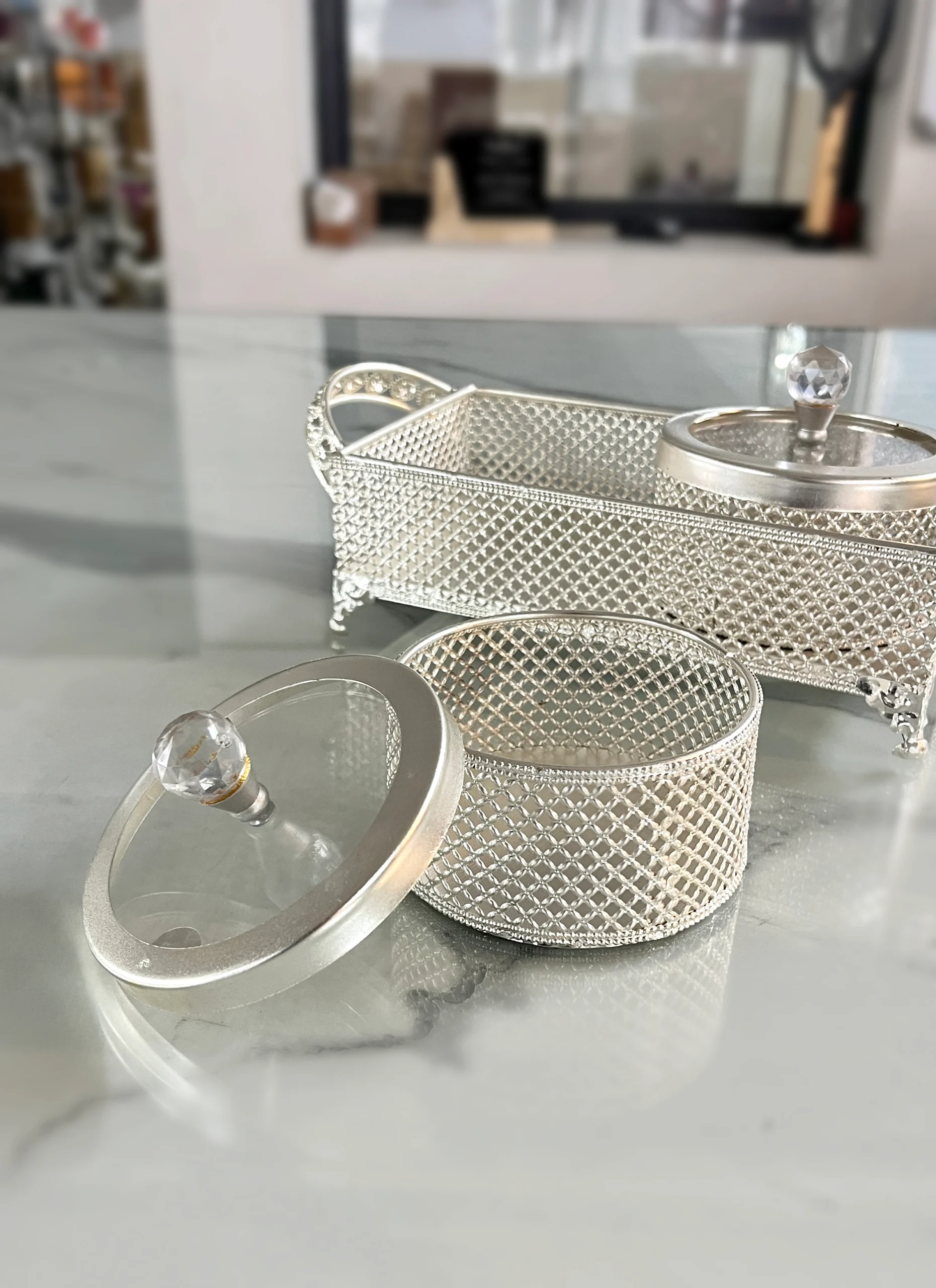 German silver mesh container set with crystal-knob lids, handcrafted from metal in our Moradabad facility