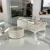 : Elegant German silver mesh box set styled for festive Diwali collections and auspicious Dhanteras gifting