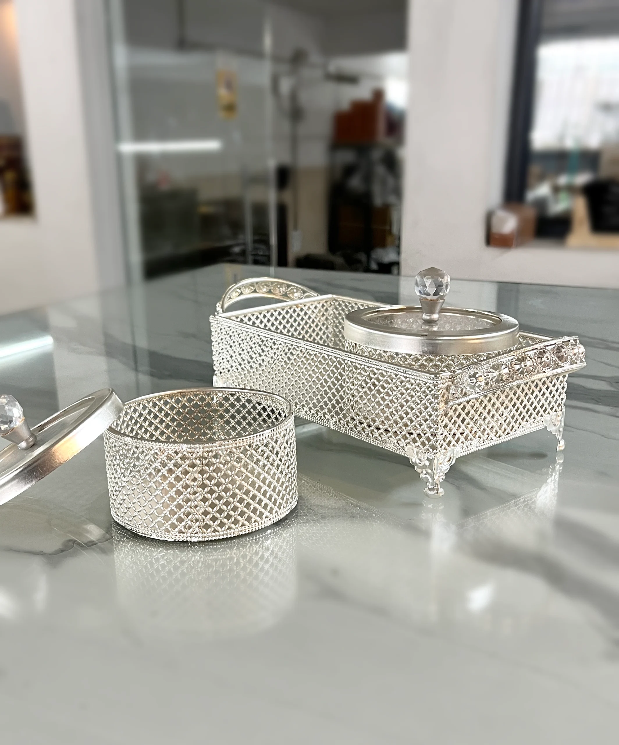 : Elegant German silver mesh box set styled for festive Diwali collections and auspicious Dhanteras gifting