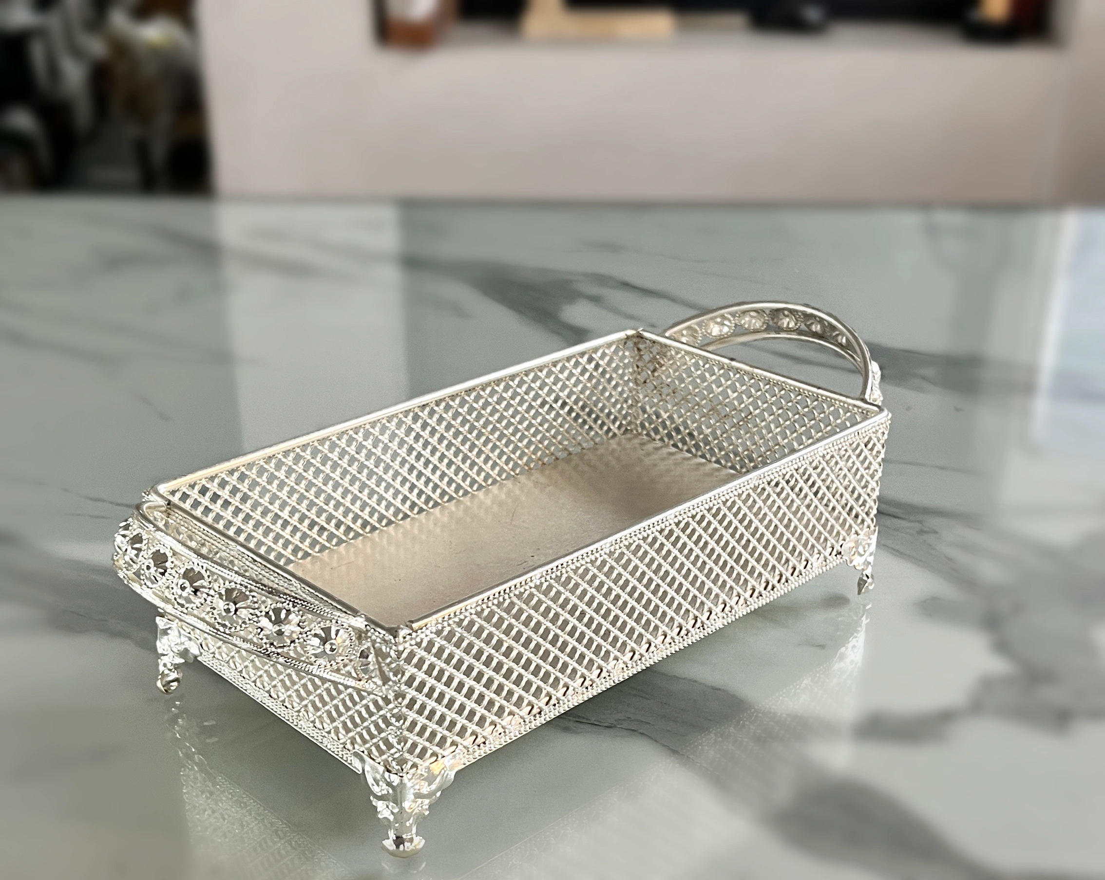 Ornate German silver mesh container set arranged for luxury wedding return gifts and shaadi ceremony hampers