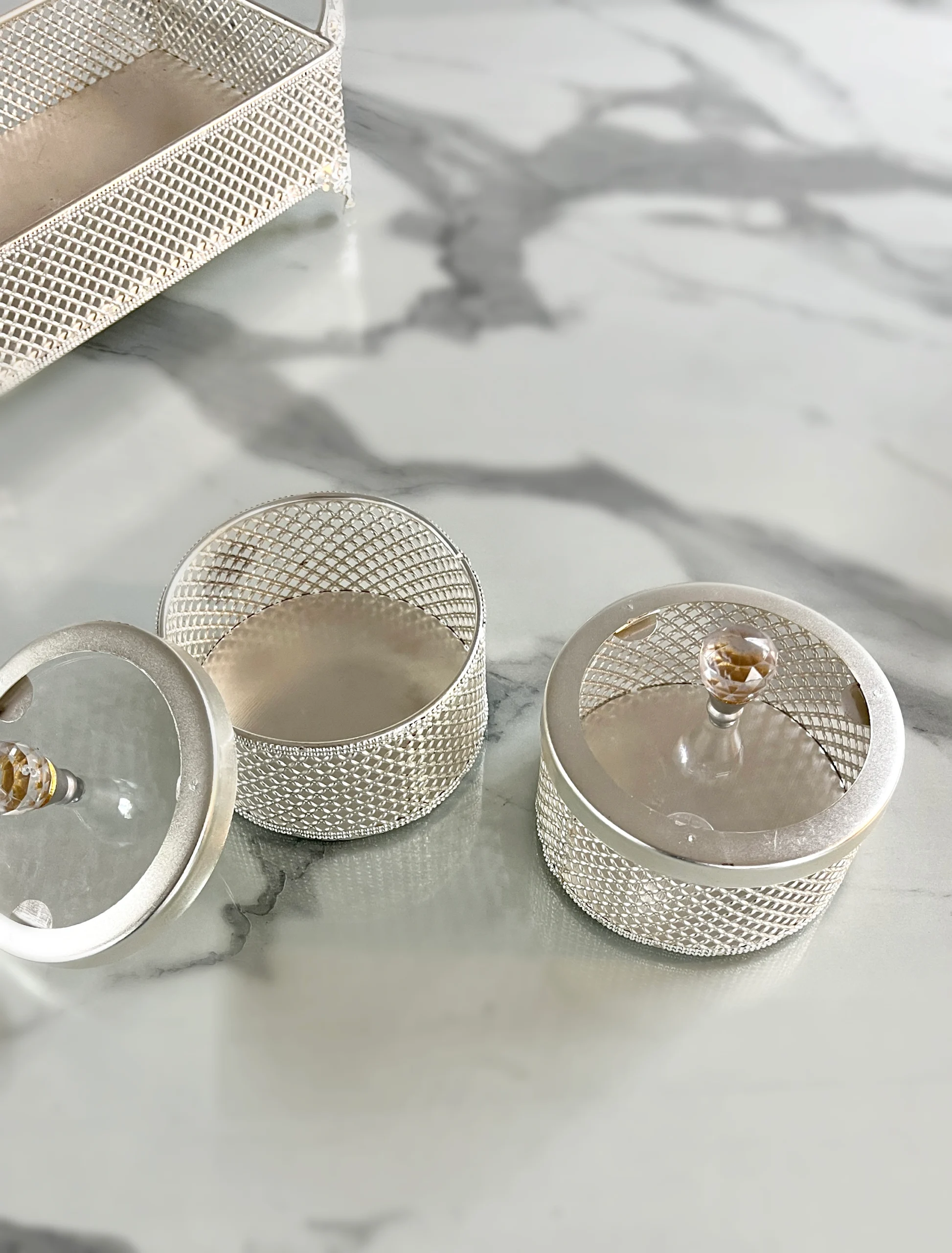 Elegant German silver mesh box set styled for festive Diwali collections and auspicious Dhanteras gifting.