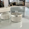 Decorative German silver mesh container set displayed for Griha Pravesh housewarming sets and religious pooja ceremonies.