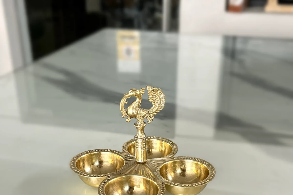 Alternative view of Brass Chaumukh With Peacock -4"x5.5" /3.7"x4.3"