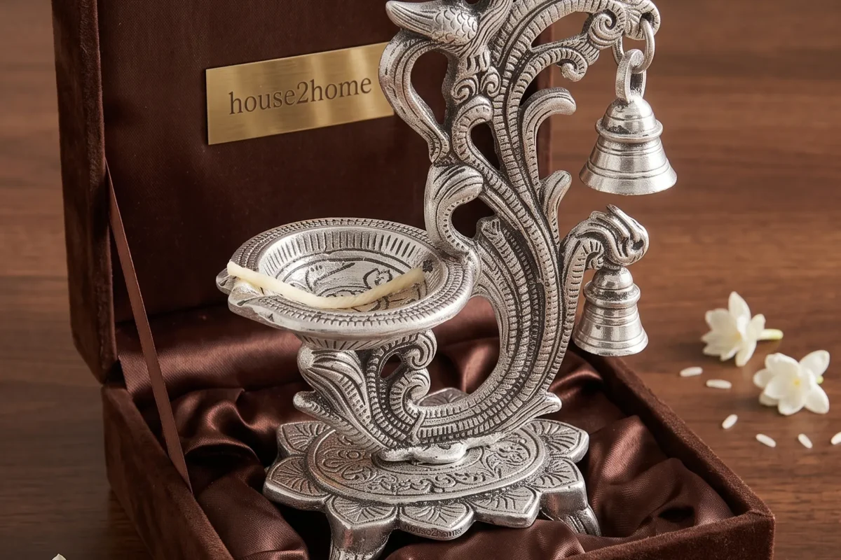 Elegant German silver diya with bells designed for premium corporate gifting and festive business gift hampers.