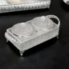 Silver mesh dual jar tray set designed as an elegant wedding return gift for shaadi celebration guests.