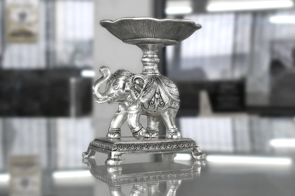 Auspicious silver elephant lotus bowl holder ideal for Griha Pravesh return favors and pooja decor sets