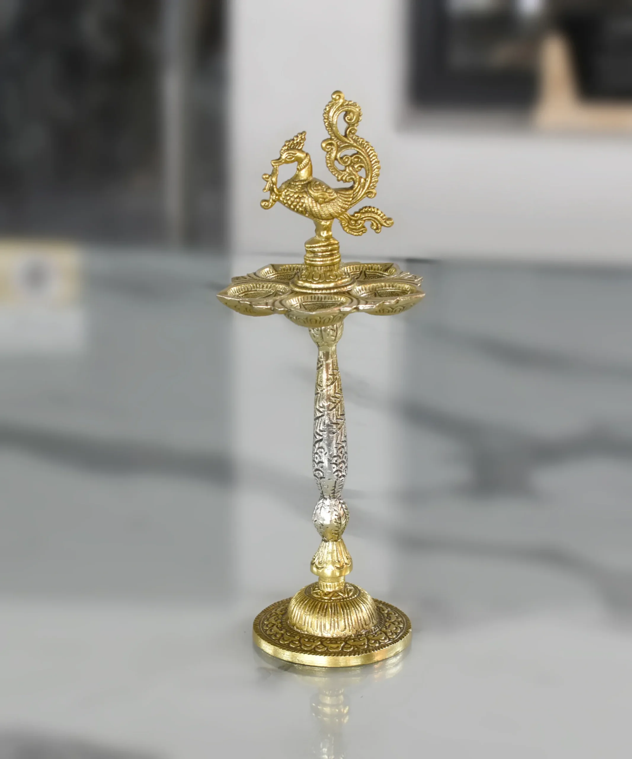 German Silver Peacock Pedestal Diya – German Silver – Festive & Wedding Return Gifting