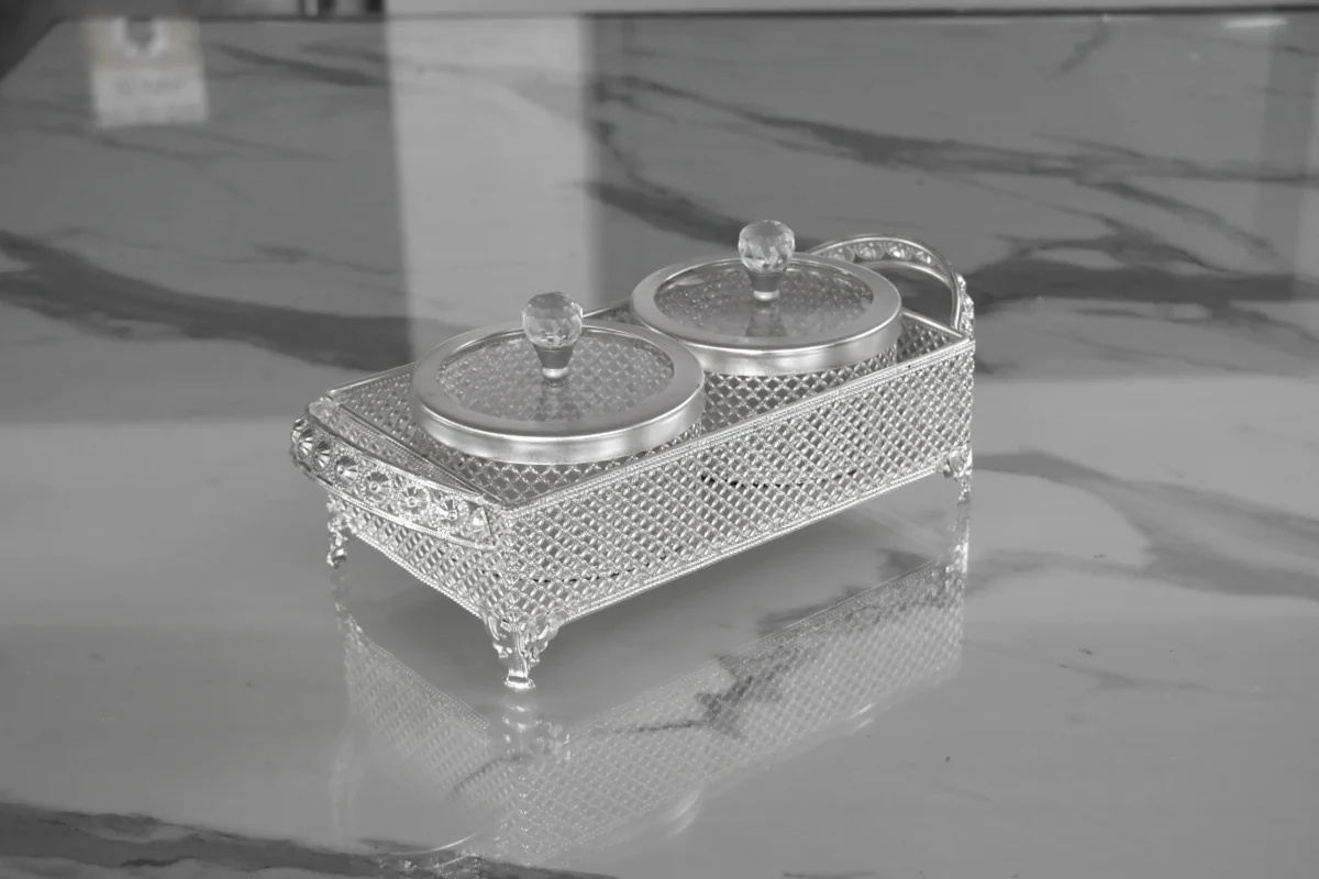 Silver plated dual container tray set arranged in a decorative Diwali and Dhanteras festive gift hamper.
