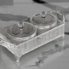 Ornate silver mesh double jar server presented as a luxury shaadi return gift for wedding guests.