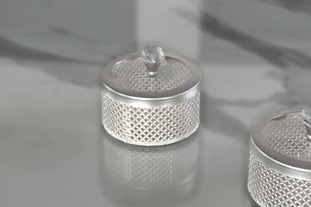 Designer silver mesh utility jar set for executive corporate holiday gifts and client appreciation sets.