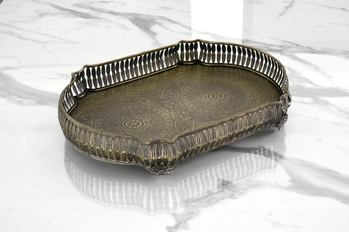 Ornate brass tray from House2Home, ideal for creating opulent Diwali gift hampers or as a traditional Dhanteras puja offering
