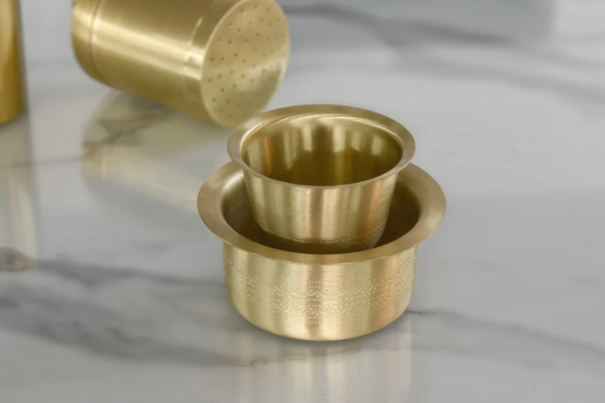 Brass filter coffee brewer set designed for executive corporate gift hampers and client appreciation tokens.