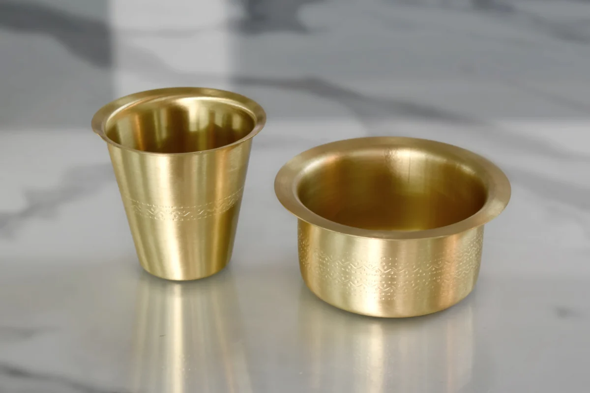 Classic brass coffee filter container ideal for Griha Pravesh return favors and family celebration gifts.