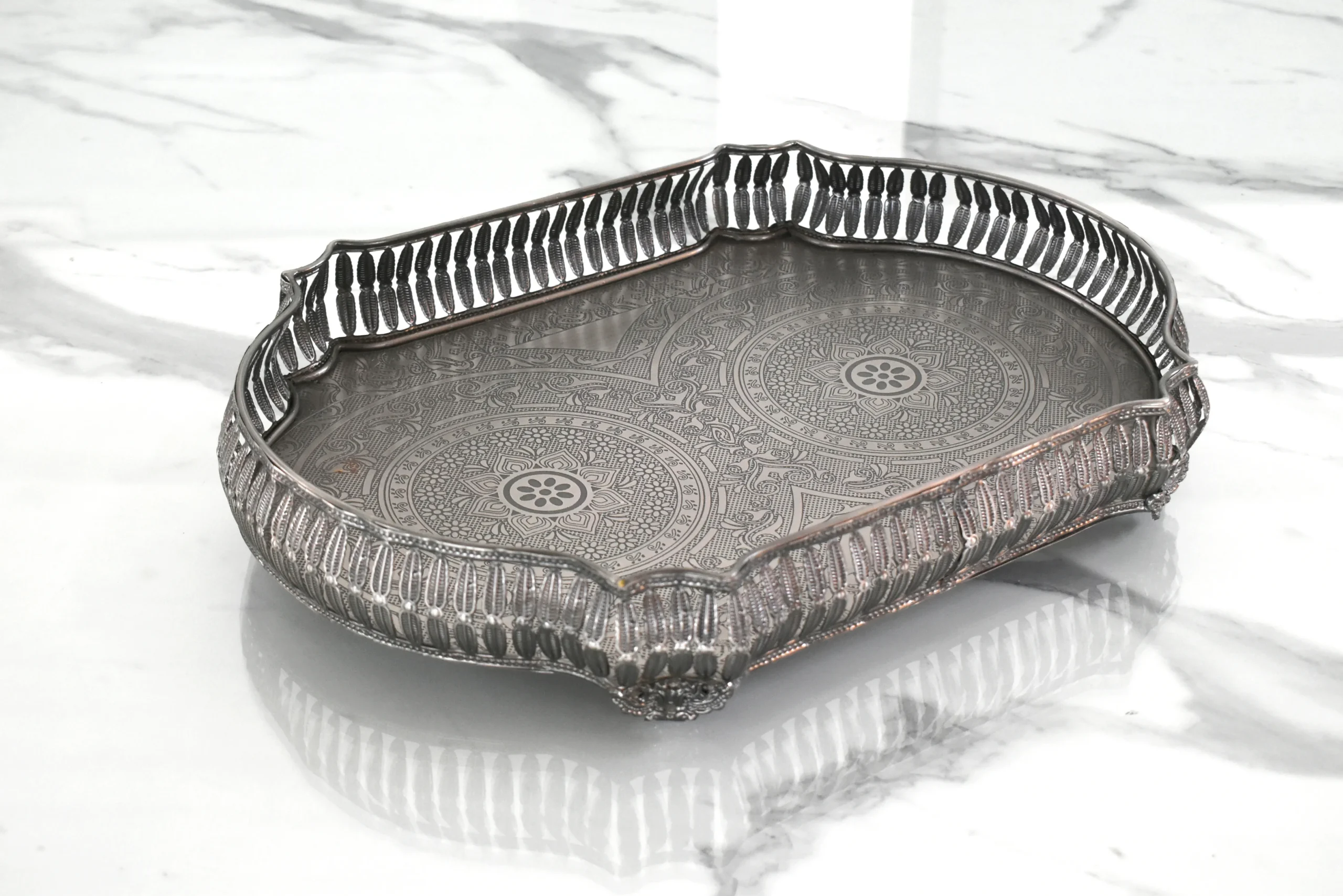 Ornate brass tray from House2Home, ideal for creating opulent Diwali gift hampers or as a traditional Dhanteras puja offering.