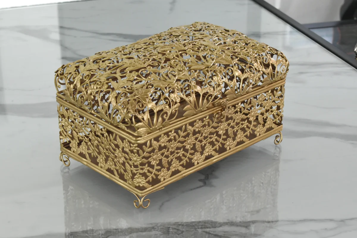 Premium gold-finished metal filigree keepsake box curated for corporate festive giveaways and executive client hampers.