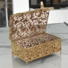 Ornate gold-finished metal filigree box styled for luxury wedding return gifts and shaadi trousseau sets.