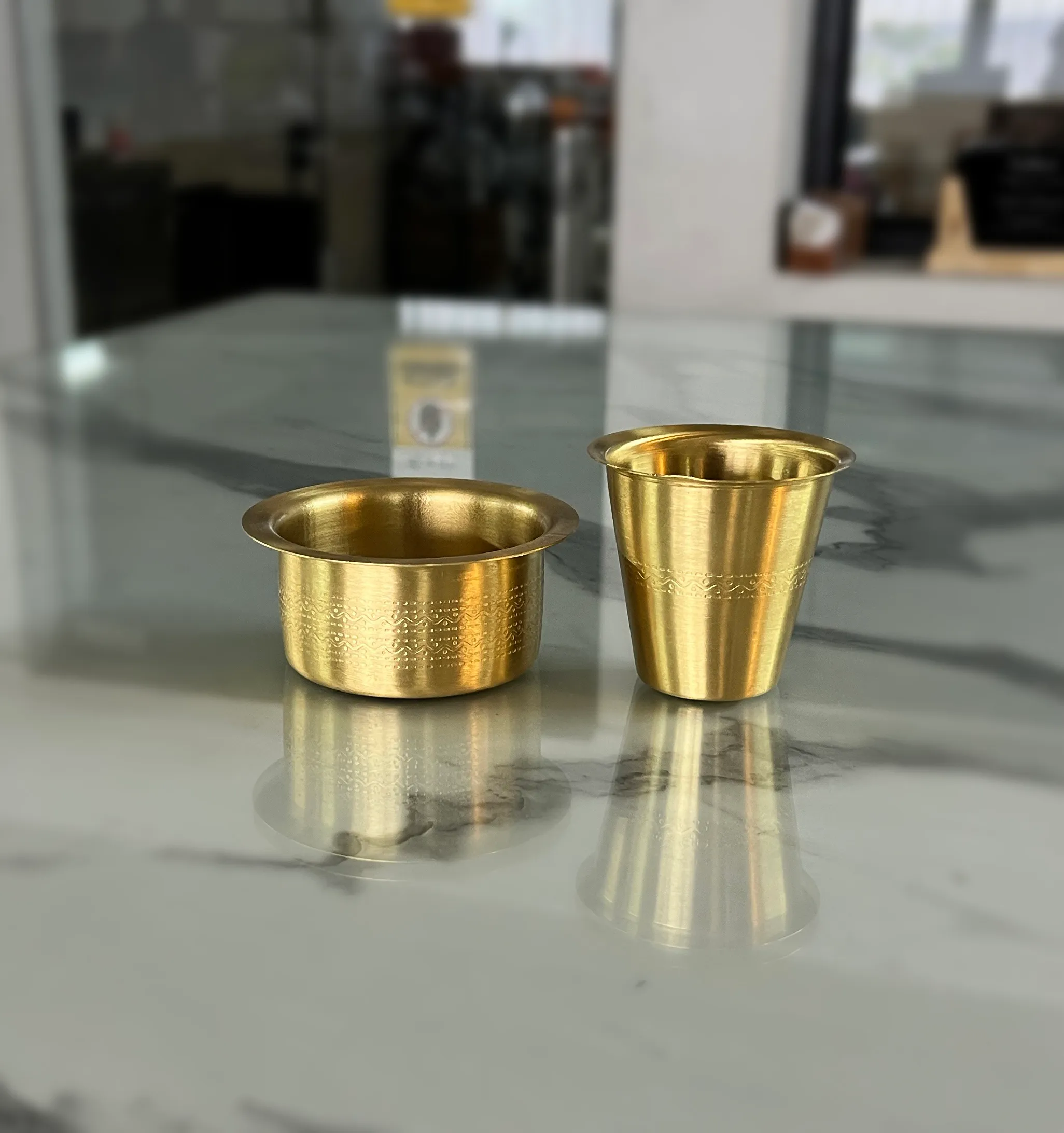 Polished brass dabarah set arranged for Diwali festive gifting and auspicious Dhanteras celebrations.