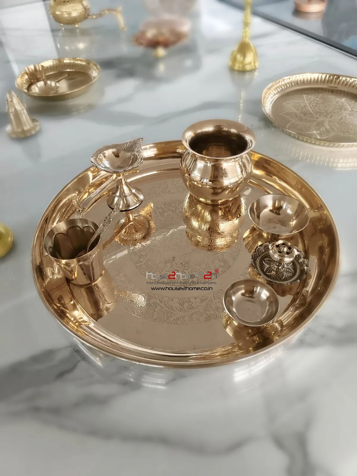 Brass- Floral Pattern Pooja Thali -10"x10"/ 8"x8"-Inch - Image 4