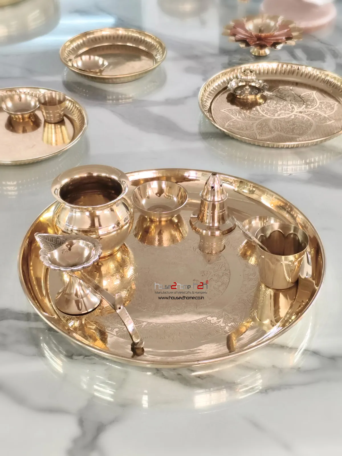 Brass- Floral Pattern Pooja Thali -10"x10"/ 8"x8"-Inch - Image 3
