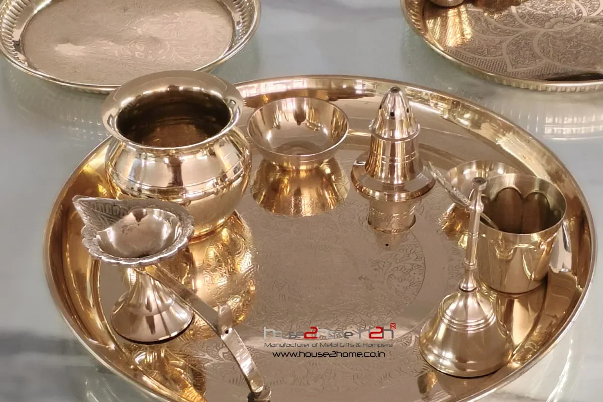 Alternative view of Brass- Floral Pattern Pooja Thali -10"x10"/ 8"x8"-Inch