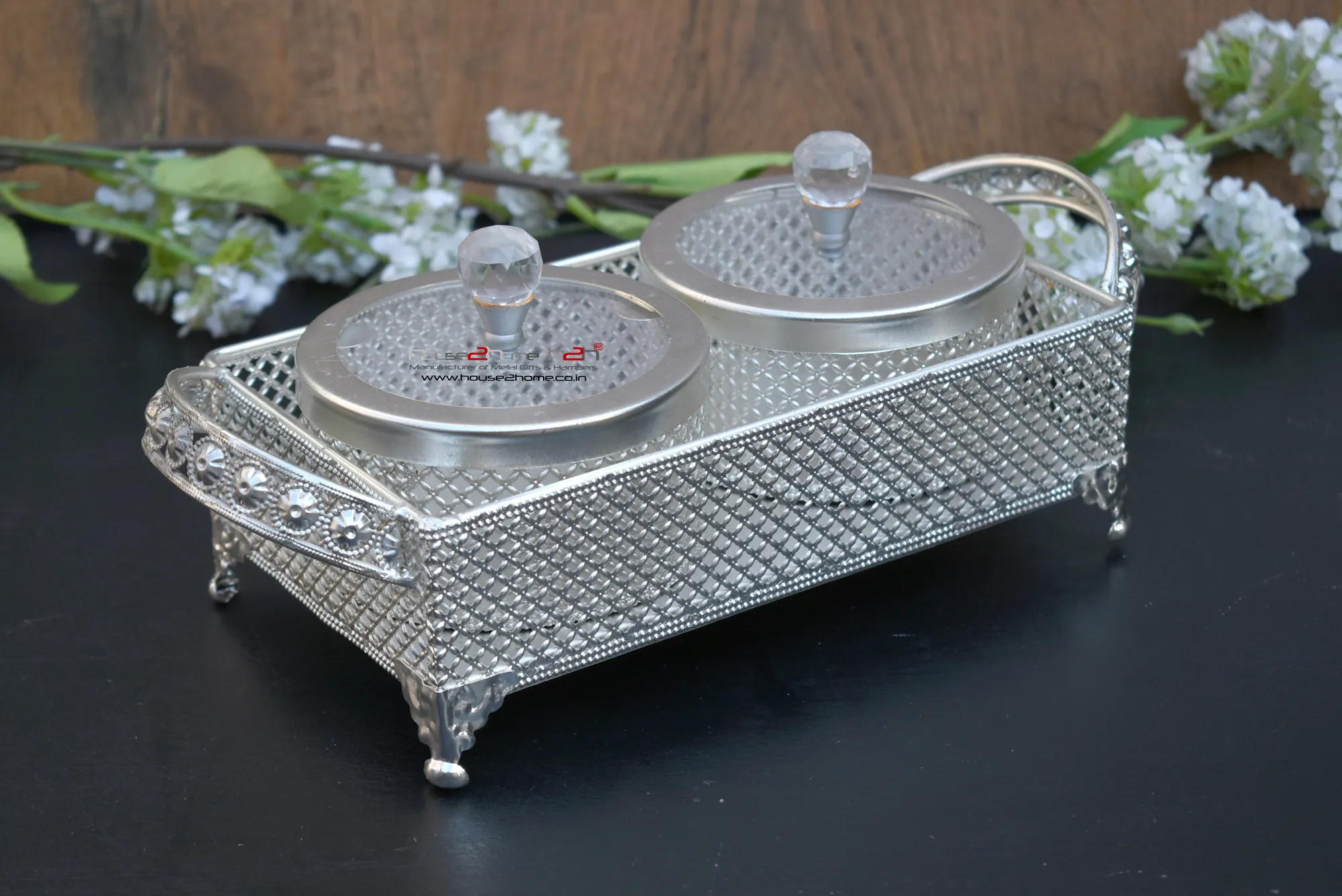 German Silver Pearl Jar Set Of 2 With Tray-4''x11.4"x4.5"