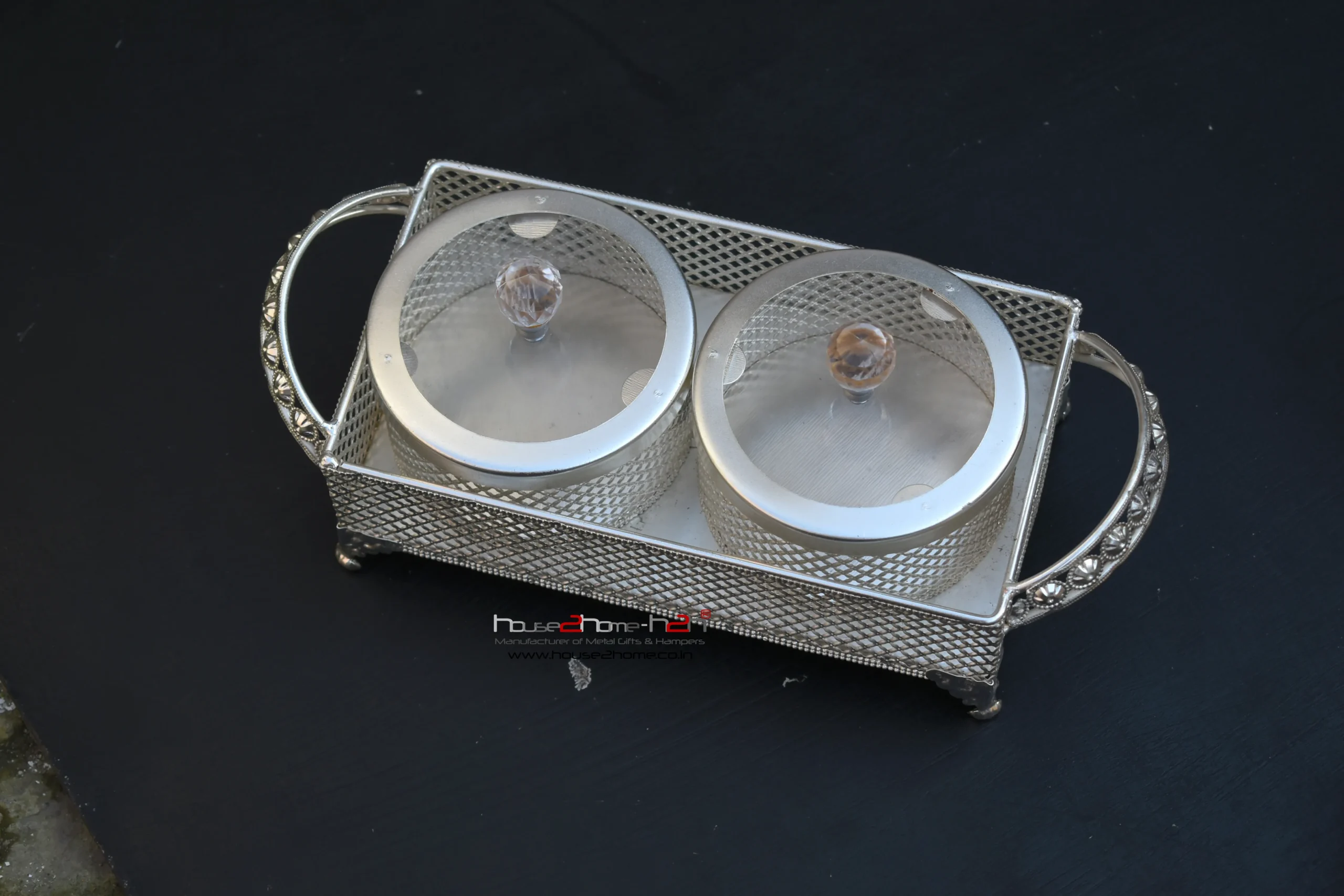 German Silver Pearl Jar Set Of 2 With Tray-4''x11.4"x4.5" - Image 2