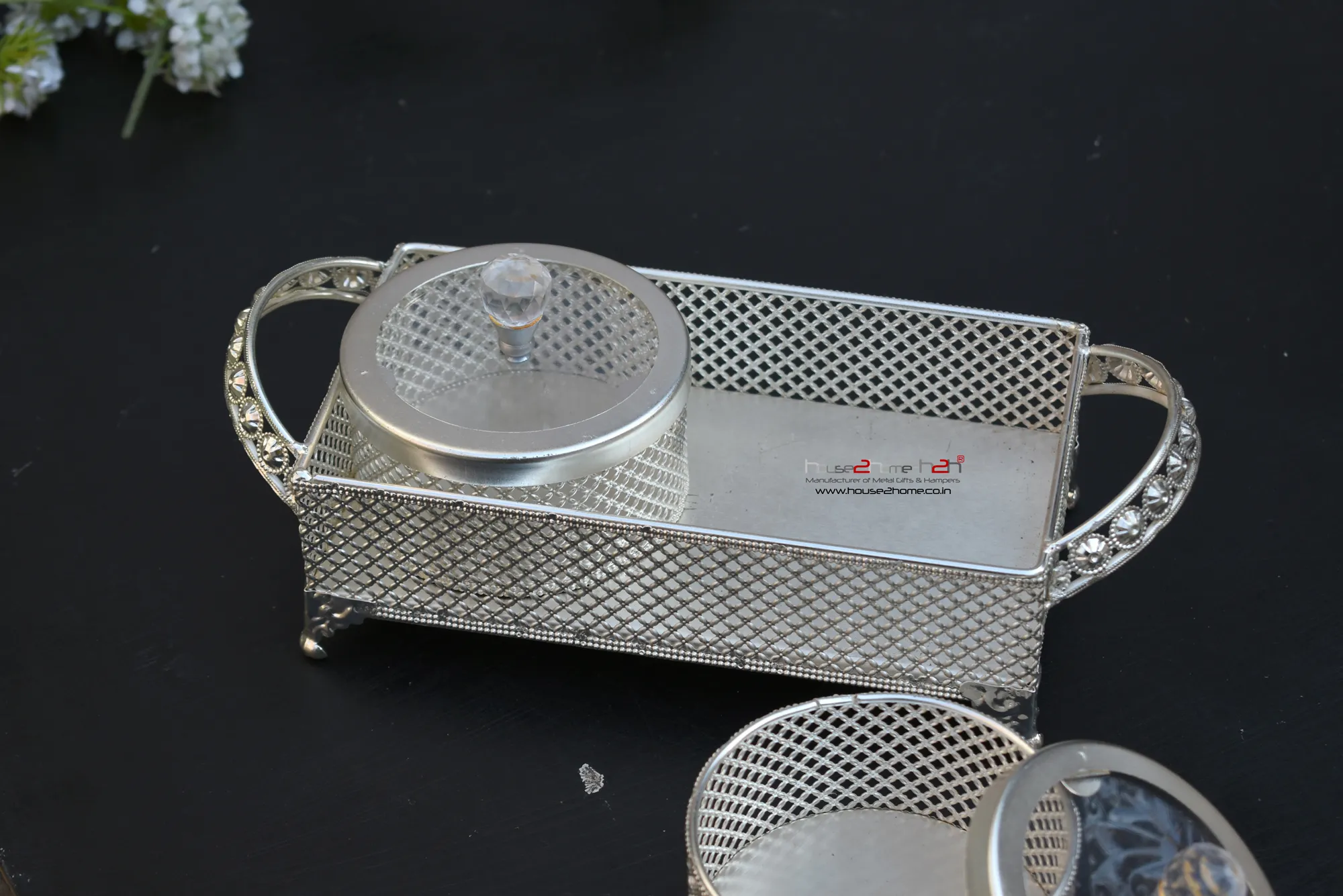 German Silver Pearl Jar Set Of 2 With Tray-4''x11.4"x4.5" - Image 6