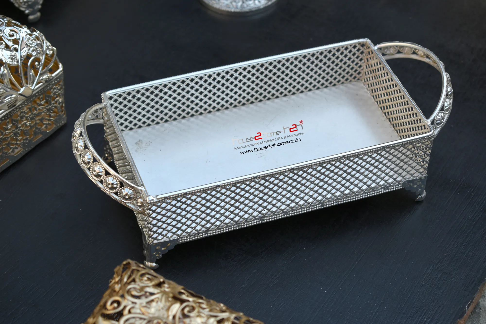 German Silver Pearl Jar Set Of 2 With Tray-4''x11.4"x4.5" - Image 7