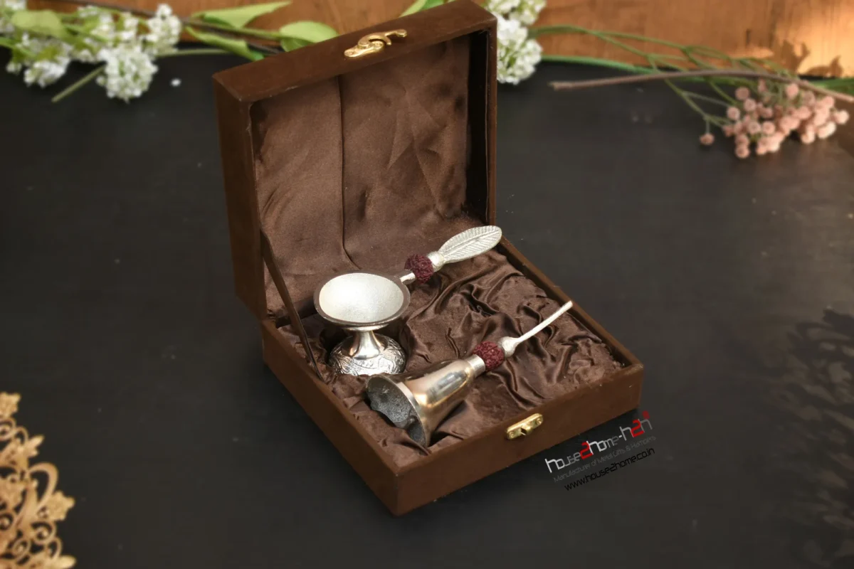 Jalesar Bell & Diya - Silver Finish - 5.6"x2.2"x2.2" / 2.3"x5.7"x2.4"
