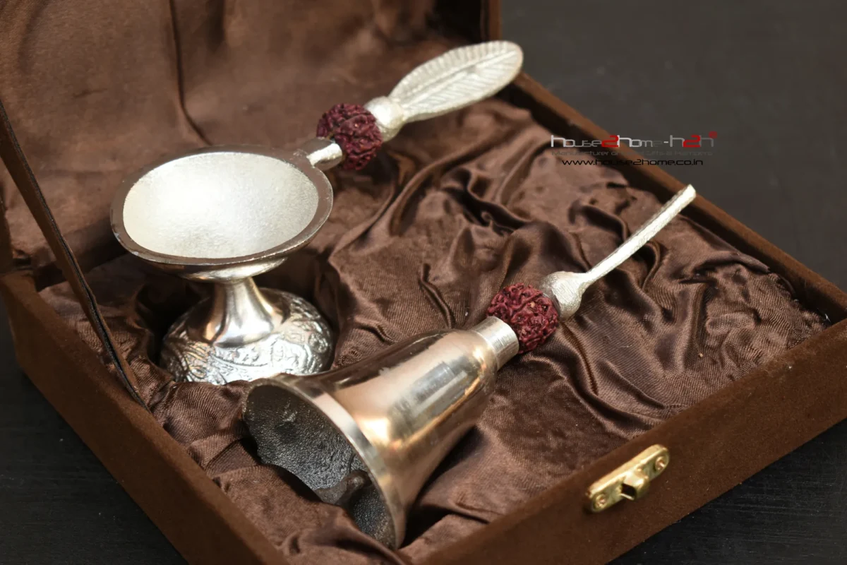Alternative view of Jalesar Bell & Diya  - Silver Finish - 5.6"x2.2"x2.2" / 2.3"x5.7"x2.4"