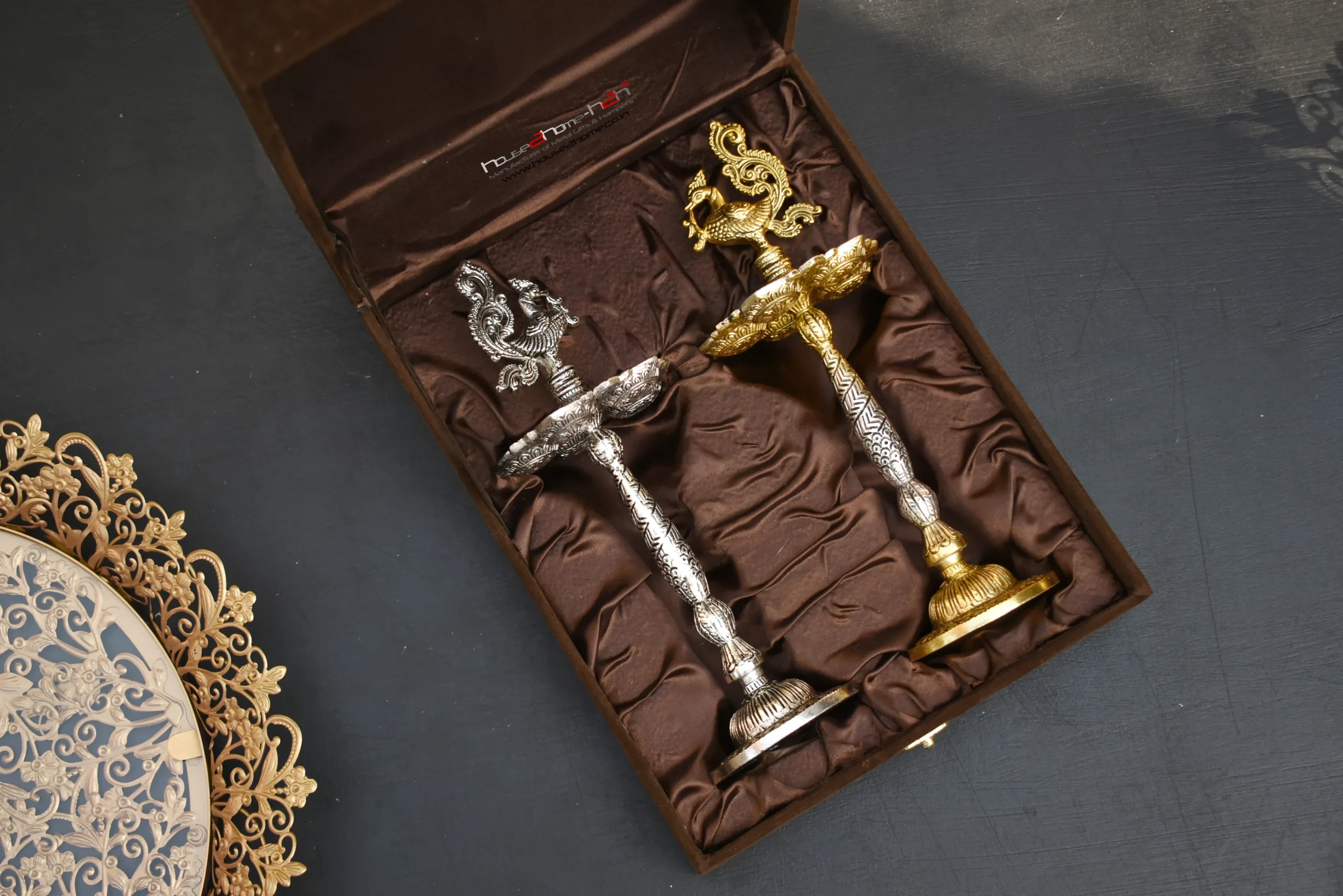 Diwali gift hamper featuring handcrafted brass and metal pieces from house2home, made in Moradabad. Suited to clients, employees and family. Bulk Diwali gifting available with festive packaging options.
