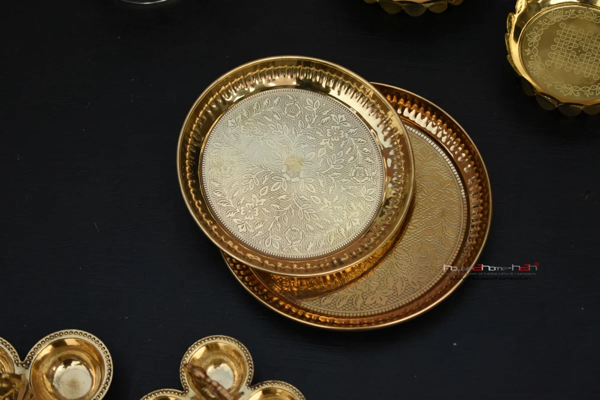 Brass-Floral Carved Pooja Thali - 10"x10" / 8"x8" / 6"x6"-Inch