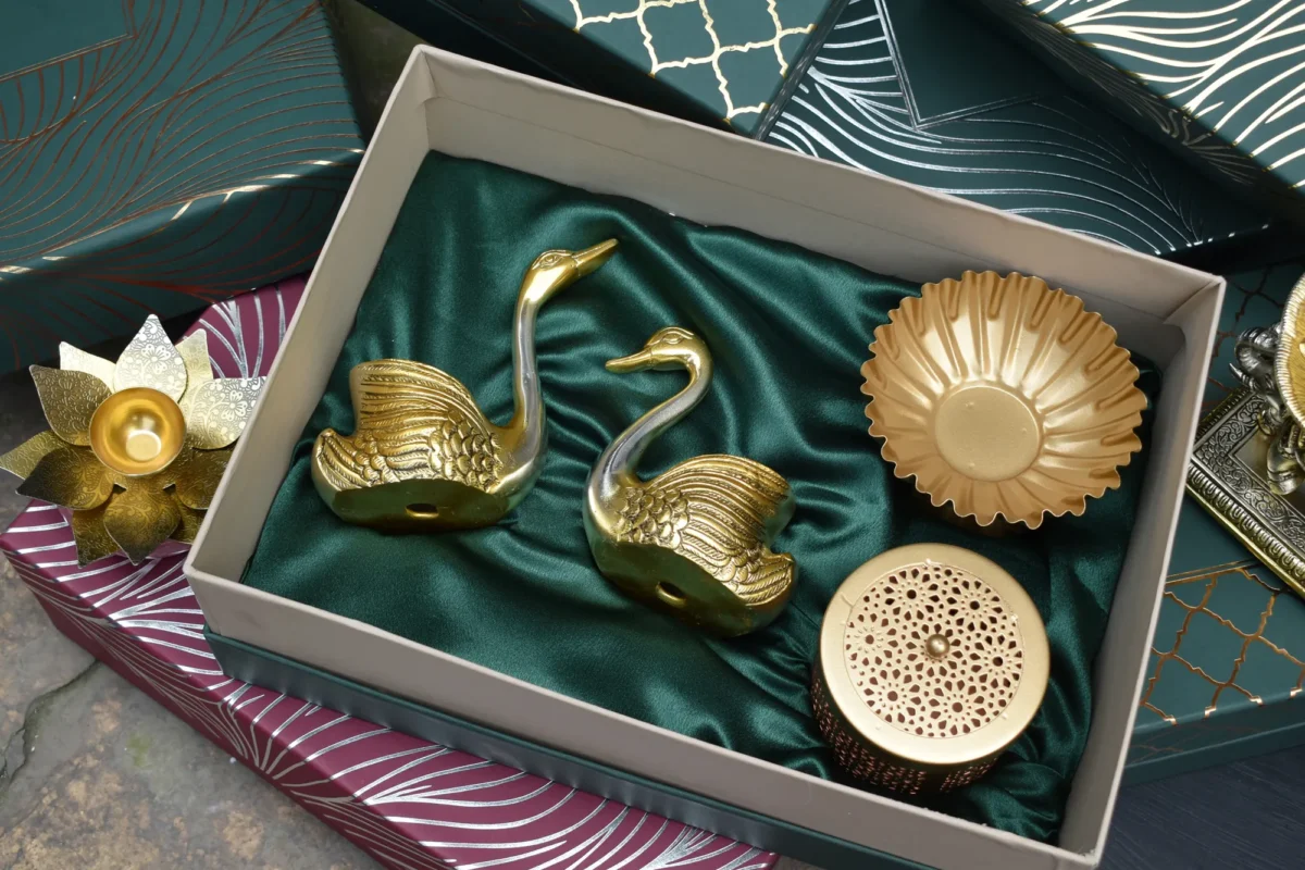 Decorative Duck & Lotus Diya & Metal Jali Box & Ribbed Bowl - Corporate Gift Hamper Box