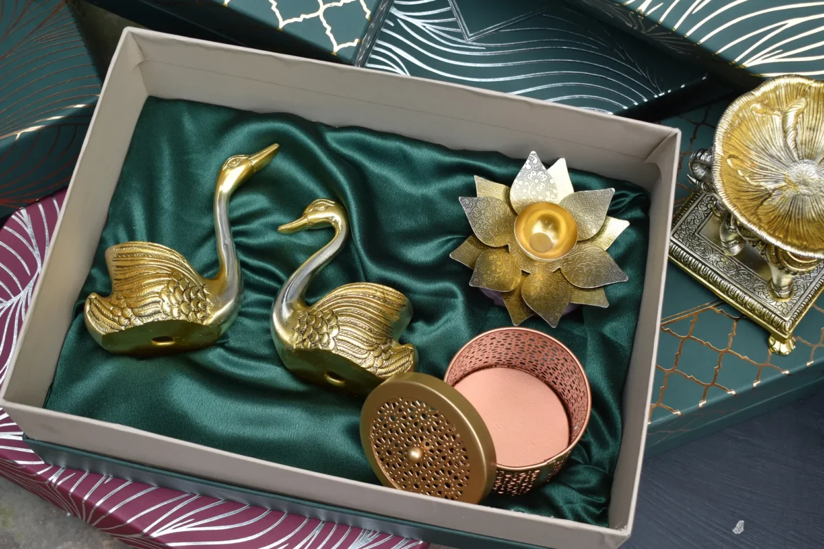 Alternative view of Decorative Duck & Lotus Diya & Metal Jali Box & Ribbed Bowl - Corporate Gift Hamper Box