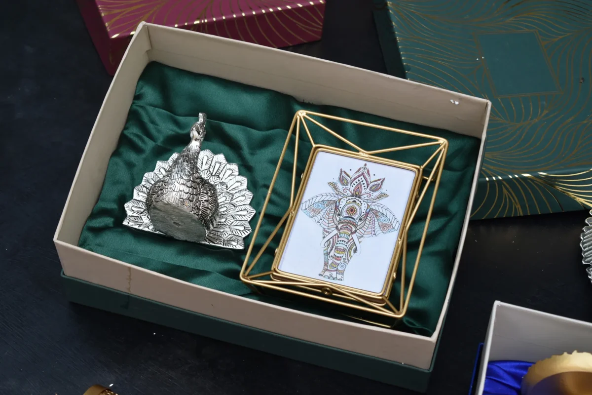 Radiant Peacock Candle Holder & Gold Wire Photo Frame- Corporate Gift Hamper Box