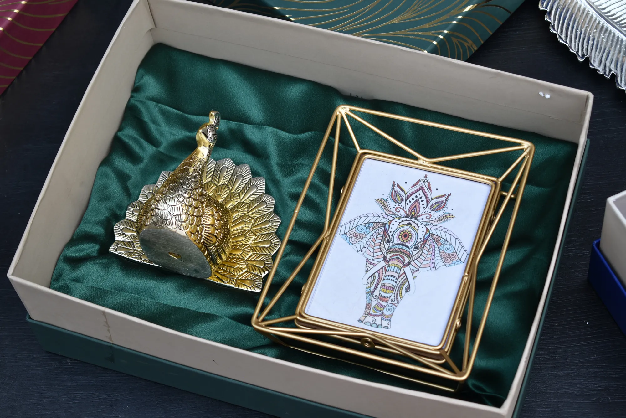Radiant Peacock Candle Holder & Gold Wire Photo Frame- Corporate Gift Hamper Box - Image 2