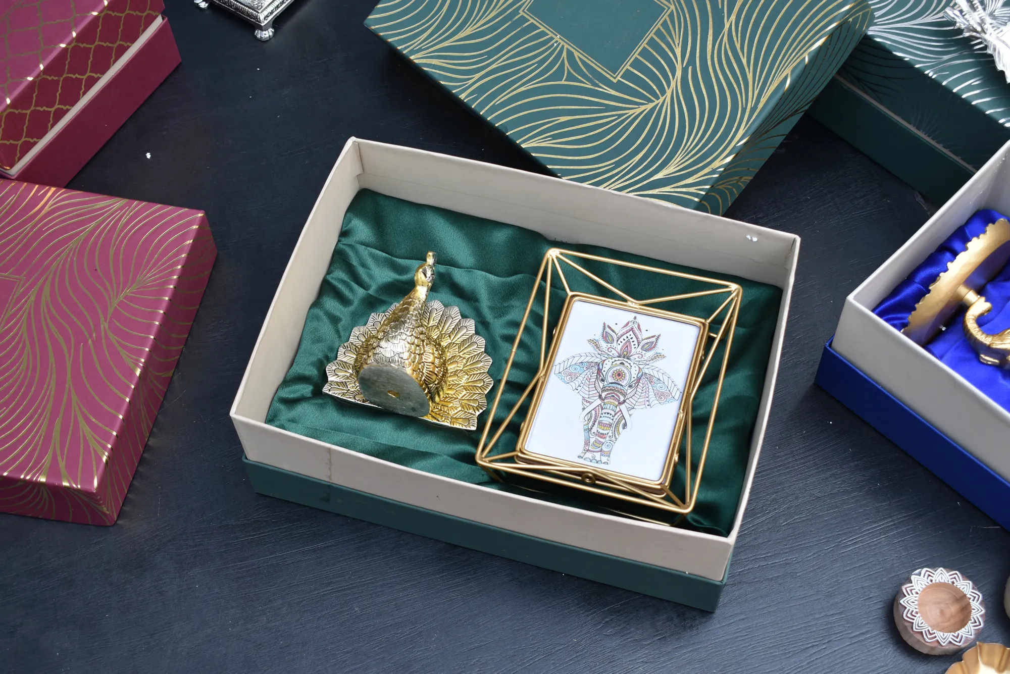 Radiant Peacock Candle Holder & Gold Wire Photo Frame- Corporate Gift Hamper Box - Image 3