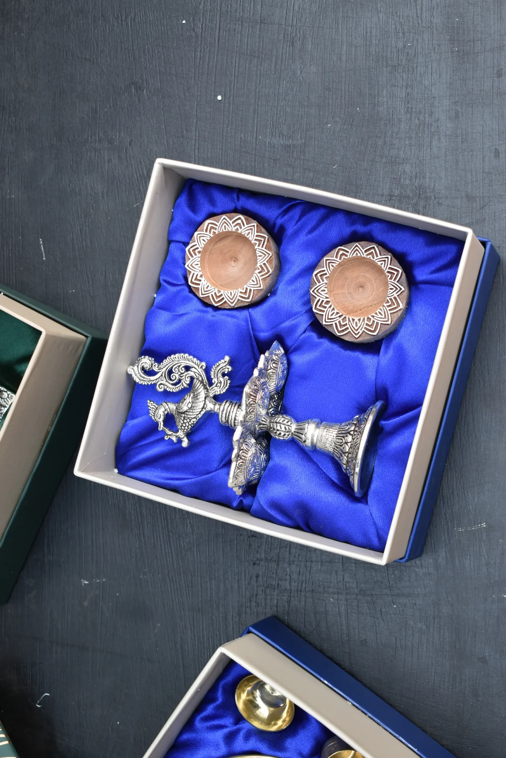 Peacock Candle Holder & Wooden Block Candle Holder & Lotus Metal Urli/ Corporate Gift Hamper Box - Image 3