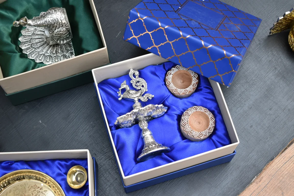 Peacock Candle Holder & Wooden Block Candle Holder & Lotus Metal Urli/ Corporate Gift Hamper Box