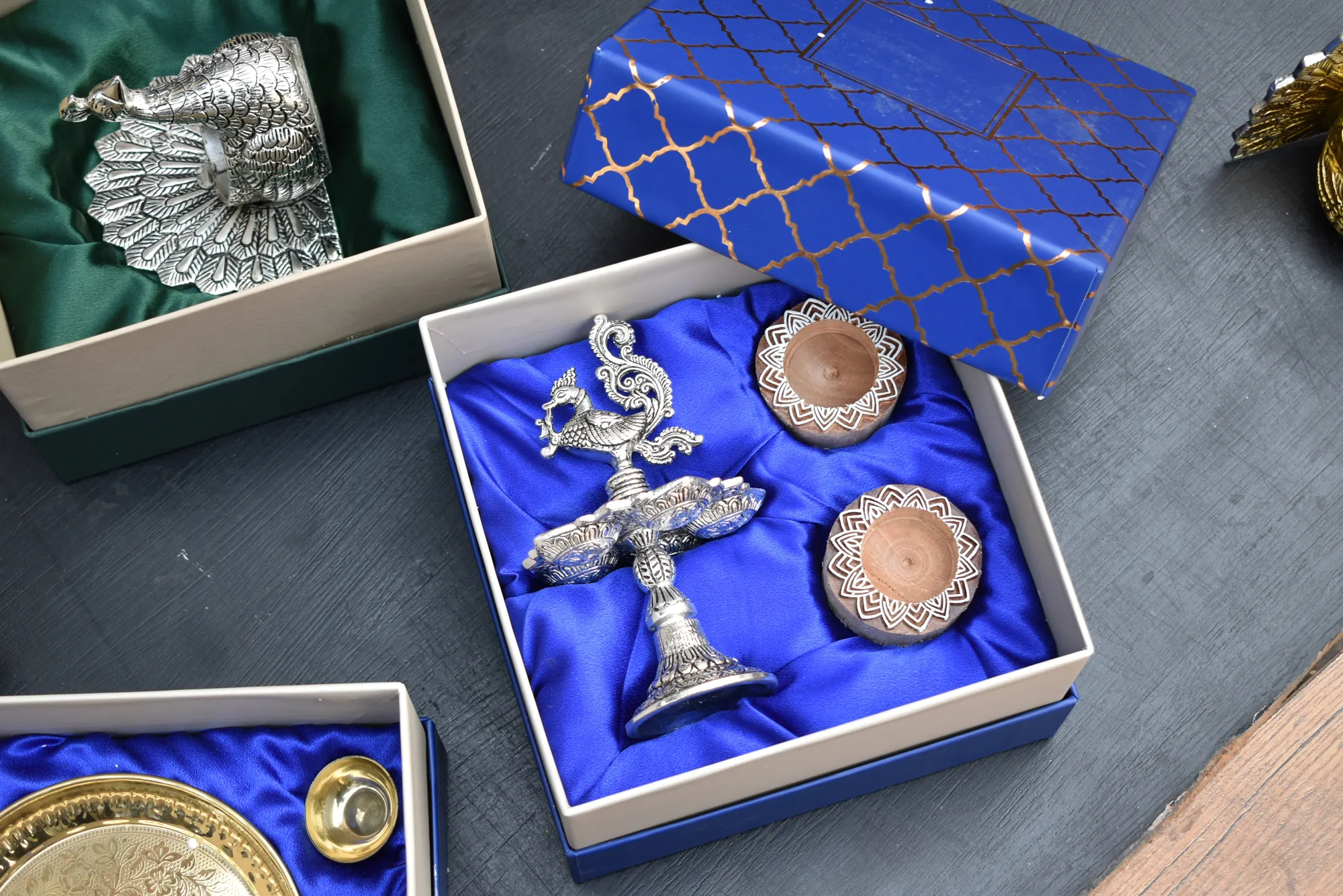 Peacock Candle Holder & Wooden Block Candle Holder & Lotus Metal Urli/ Corporate Gift Hamper Box