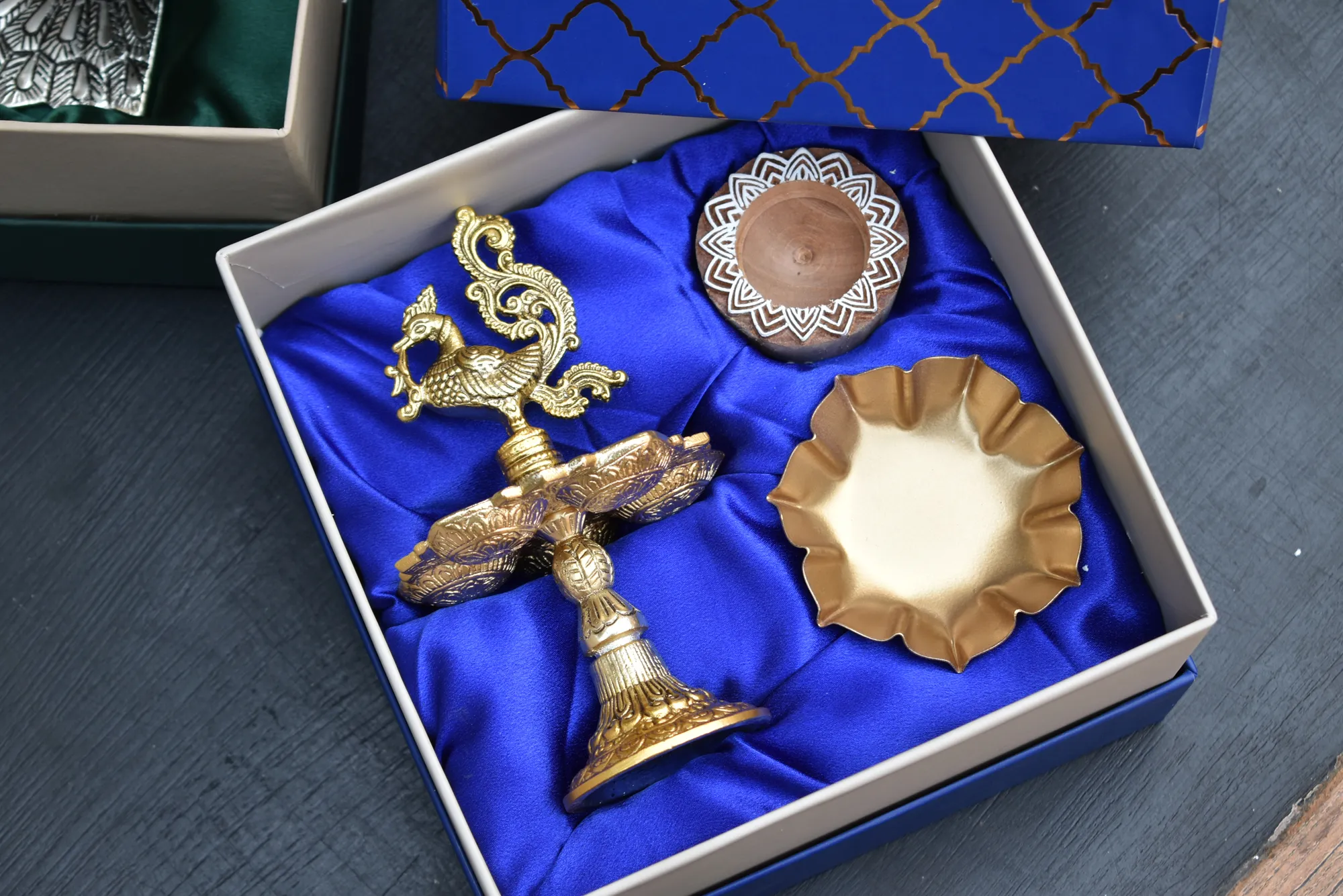 Peacock Candle Holder & Wooden Block Candle Holder & Lotus Metal Urli/ Corporate Gift Hamper Box - Image 2