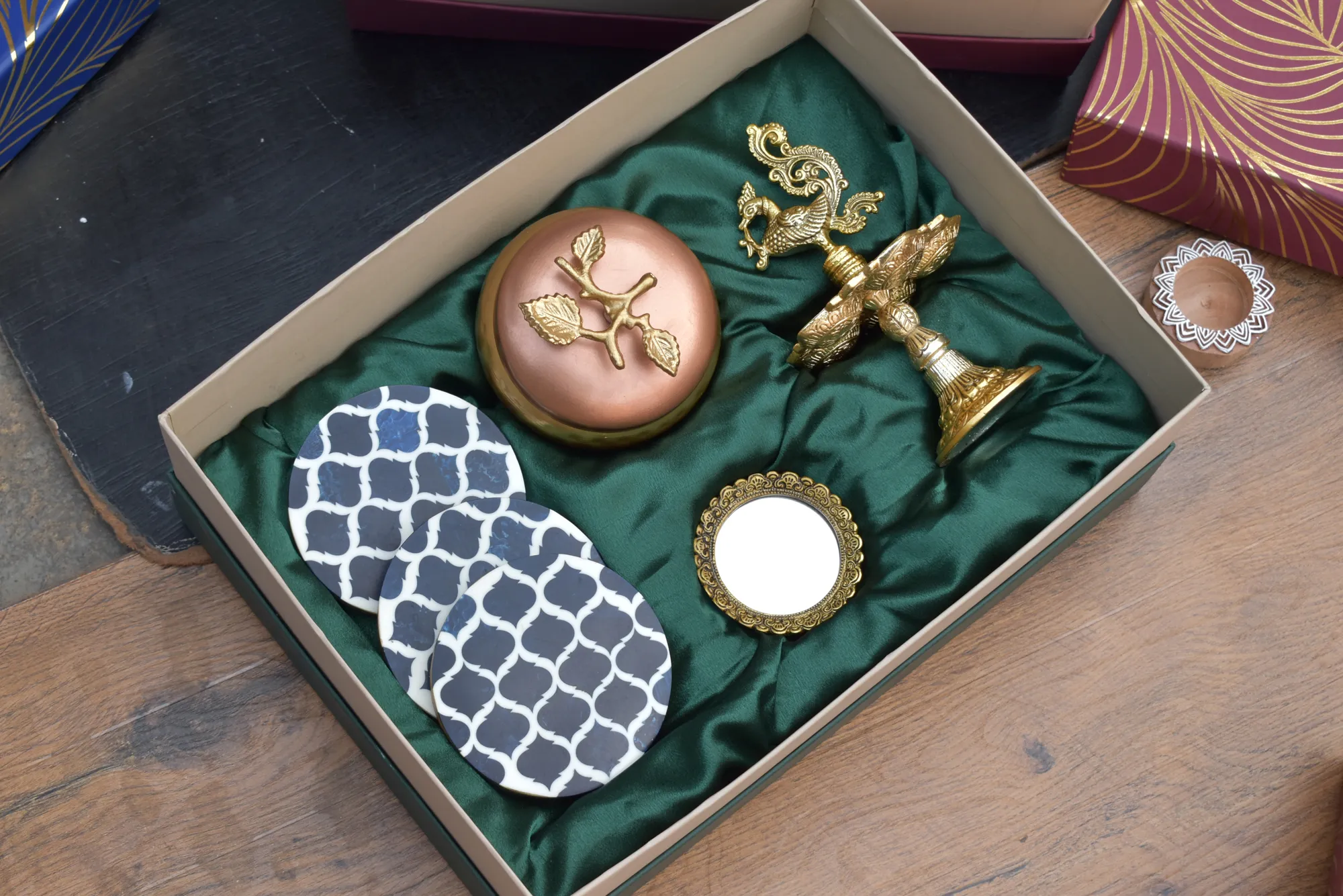 Peacock Diya & Trove Metal Jar & T-Light Holder & Wooden Coaster / Corporate Gift Hamper Box - Image 5